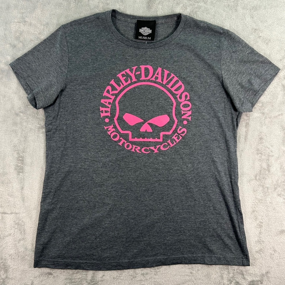 Harley-Davidson Museum Milwaukee T-Shirt Womens Large Gray Pink Willie G Skull